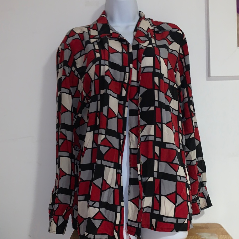 Vintage Geometric Silk Button Up